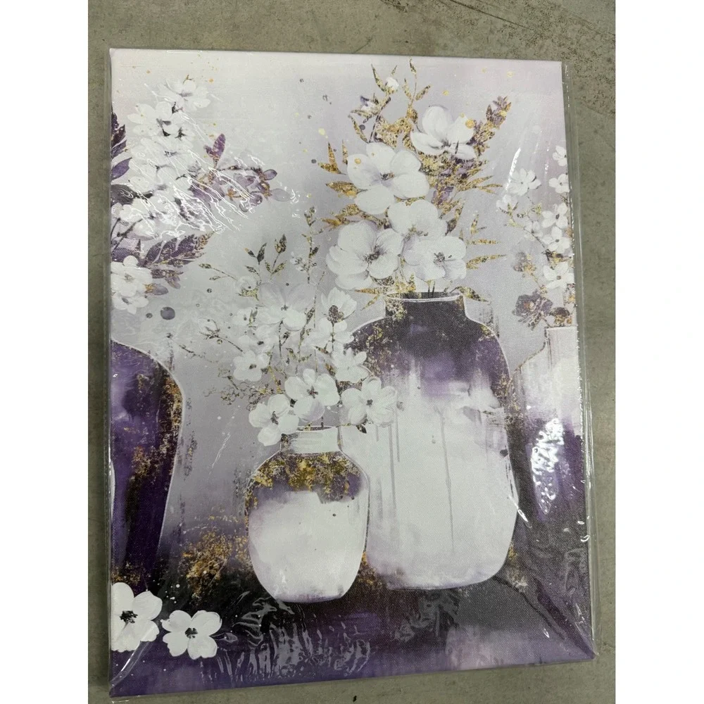 Purple Floral Canvas Wall Art Set 3 Piece White Flower Gold Accents 12x16 New
